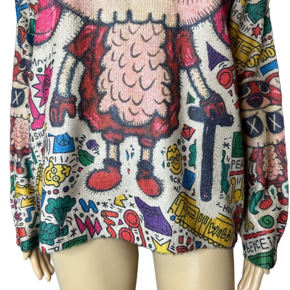 Womens Pullover Sweater Small Beige Red Stretch Crew Neck Print Bear Dolls Relax - Picture 13 of 16